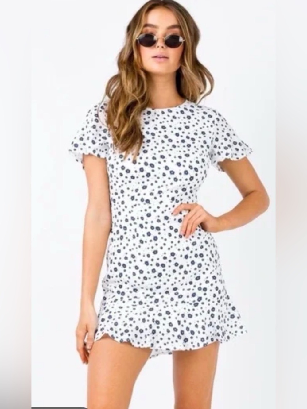 Princess Polly White Mini Dress with Navy Polka Dots